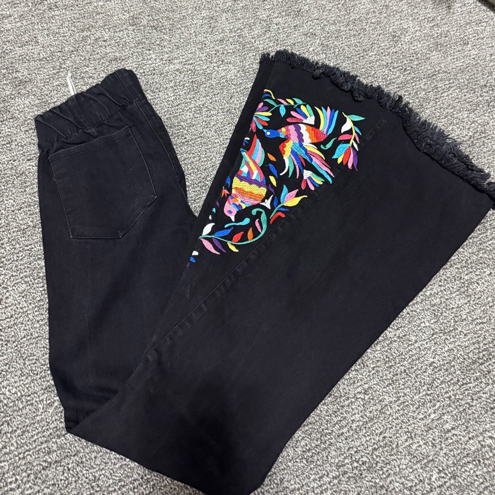 Judith March Black Flare Pants with Colorful Embroidery